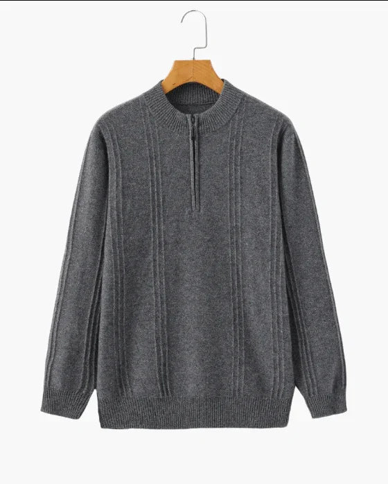 Gray knit quarter-zip men's sweater with ribbed collar and textured vertical stripes