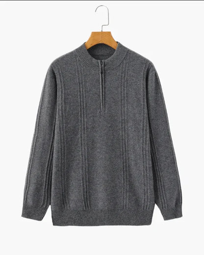 Gray knit quarter-zip men's sweater with ribbed collar and textured vertical stripes