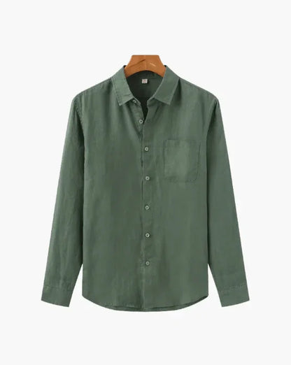 Olive green men's long sleeve button-up shirt with chest pocket on hanger