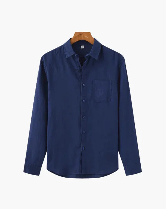 Men's plain navy blue long sleeve shirt on wooden hanger, front view
