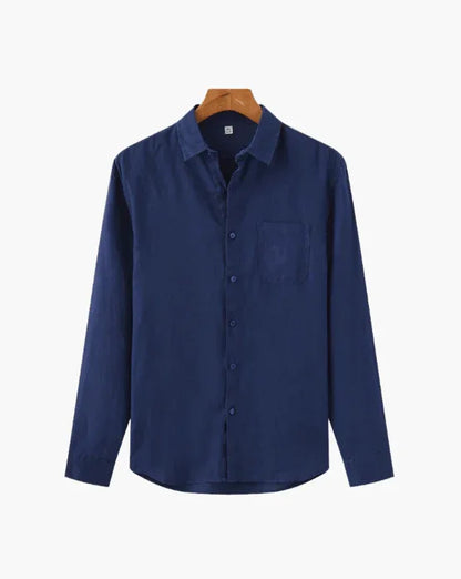 Men's plain navy blue long sleeve shirt on wooden hanger, front view