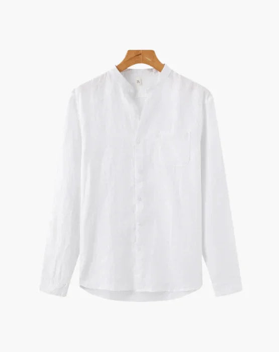 White linen mandarin collar long sleeve shirt on wooden hanger against plain background